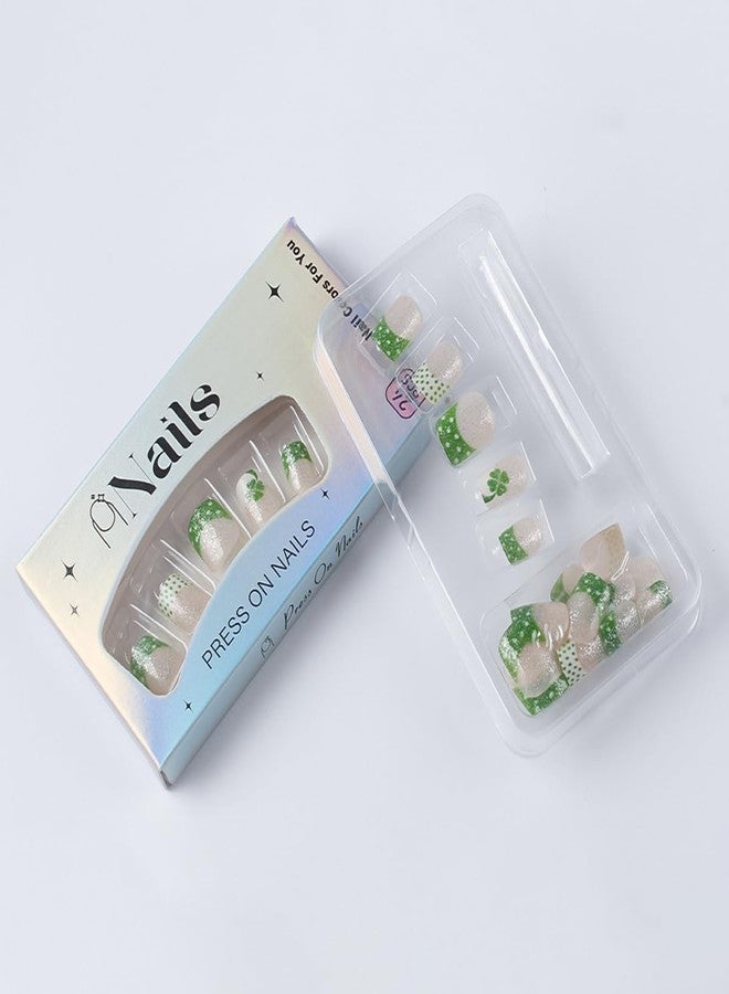 OSTTMA 24Pcs St. Patrick's Day Press on Nails Short Square French Tip Fake Nails with Shamrock & Polka Dot Designs Glitter Green Shamrock Nails Press ons Full Cover Glue on Nail for Women Manicure - Image 5